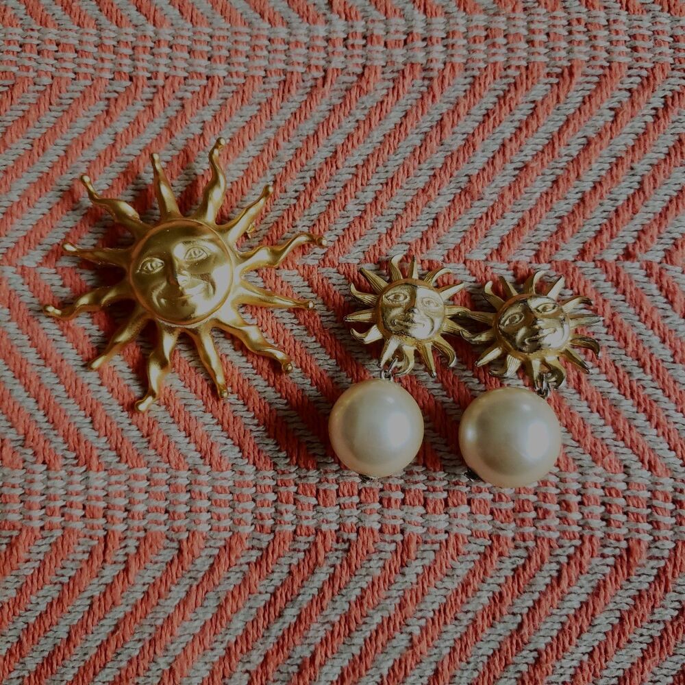 Vintage Whimsygoth "Celestial" Sun Earrings & Brooch Vintage/Costume Jewelry/Sta